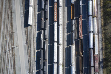 Aerial view of railroad cars and storage tanks - BCDF00579