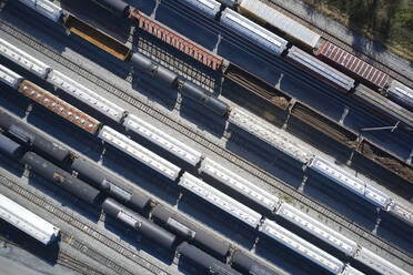 Aerial view of railroad cars and storage tanks - BCDF00581