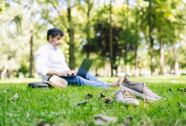 Älterer Mann mit Laptop im Gras sitzend im Park - DGOF01661