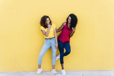 Girlfriends smiling while having fun against yellow wall - RDGF00211