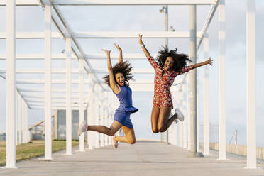 Carefree young female friends jumping - RDGF00240