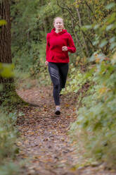 Determinante Sportlerin beim Joggen im Wald - STSF02658