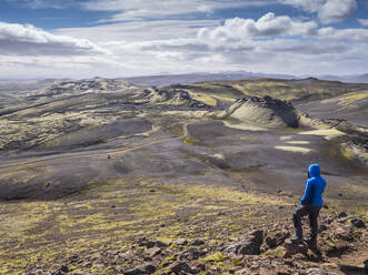 Male tourist admiring landscape while standing on rock, Lakagigar, Iceland - LAF02531