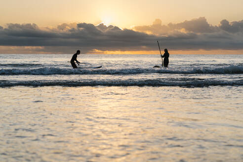 Freunde surfen mit Paddleboard auf dem Meer gegen den Himmel in der Morgendämmerung - EGAF01042