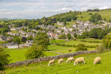 View of dry stone walls and Brassington, Derbyshire Dales, Derbyshire, England, United Kingdom, Europe - RHPLF17821