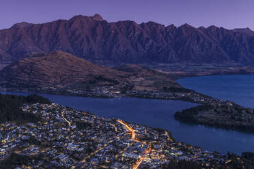 View over Queenstown and Lake Wakatipu to The Remarkables Mountains, Otago, South Island, New Zealand, Pacific - RHPLF17922