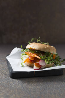 Veganer Burger mit Sojaschnitzelstreifen, Paprika, Radieschen, Oregano und Kopfsalat - MYF02304