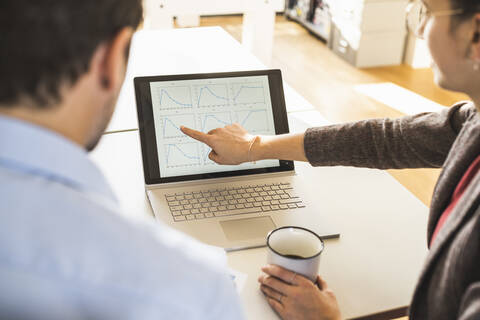 Businesswoman with coffee cup explaining diagram on laptop to businessman while sitting at office stock photo