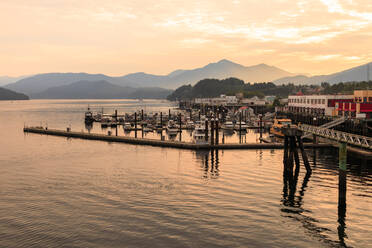 Misty sunrise, waterfront and mountains of Prince Rupert, Inside Passage, North West British Columbia, Canada, North America - RHPLF18131