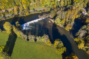 Aerial view of weir on river Loisach in autumn - LHF00825