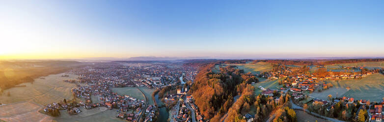 Germany, Bavaria, Wolfratshausen, Drone panorama of rural town at sunrise - LHF00827