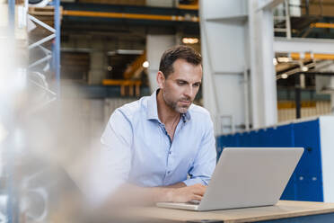 Männlicher Unternehmer arbeitet am Laptop, während er in einer Fabrik sitzt - DIGF13260