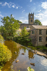 View of St. Mathews Church and duck pond, Hayfield, High Peak, Derbyshire, England, United Kingdom, Europe - RHPLF18279