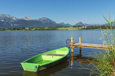 Rowing boat at a jetty, Hopfensee lake, Hopfen am See, Allgau Alps, Allgau, Schwaben, Bavaria, Germany, Europe - RHPLF18352