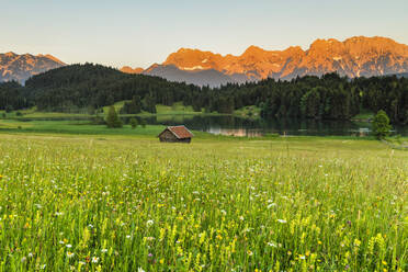 Geroldsee Lake against Karwendel Mountains at sunset, Klais, Werdenfelser Land, Upper Bavaria, Germany, Europe - RHPLF18370