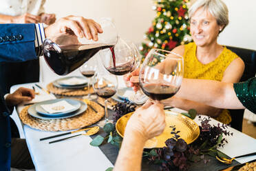 Fröhliche Freunde und Familienmitglieder versammeln sich am Tisch und halten Gläser mit Rotwein beim Weihnachtsessen - ADSF17648