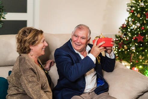 Fröhlicher reifer Mann mit Geschenk in Schachtel mit liebender Frau in der Nähe des Weihnachtsbaums sitzend während einer Party zu Hause - ADSF17669