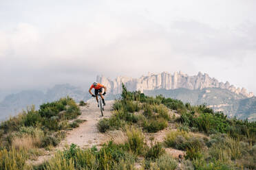 Männlicher Radfahrer mit Helm und Sonnenbrille auf dem Mountainbike zwischen grünen Hügeln an einem Sommertag - ADSF17702