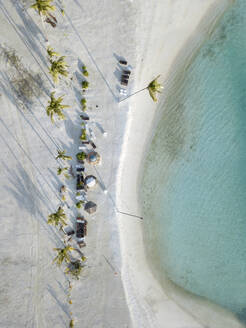 Sonnenschirme und Palmen am tropischen Strand, Luftaufnahme - KNTF05817