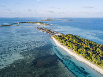 Maldives, Kaafu Atoll, Aerial view of green grove on Huraa island - KNTF05884