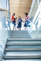 Weibliche Kollegen diskutieren auf der Treppe im Büro - AJOF00631
