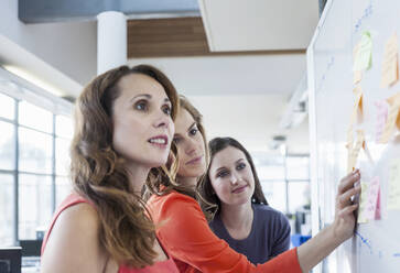 Female colleagues having discussion near white board at office - AJOF00652