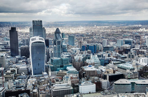 United Kingdom, London, Financial district and the Walkie Talkie Building, aerial view - AJOF00657