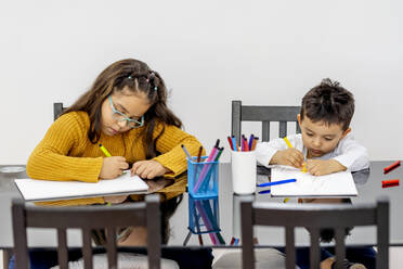 Brother and sister learning drawing while sitting in living room - OCMF01850