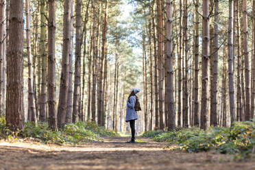 Frau erkundet im Winter den Wald von Cannock Chase - WPEF03662