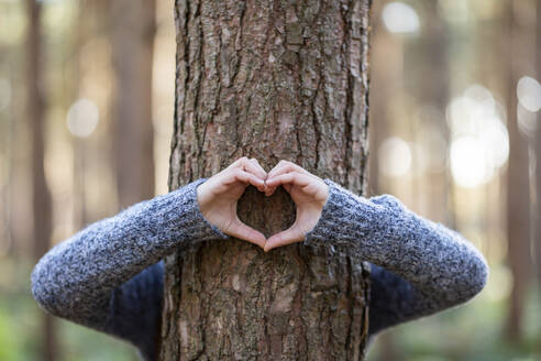 Frau umarmt Baum und bildet Herzform im Wald von Cannock Chase - WPEF03669