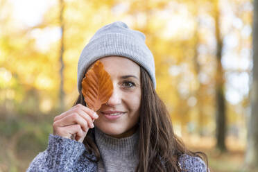 Beautiful woman covering eye with autumn leaf in Cannock Chase woodland - WPEF03694