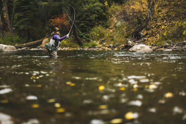 Oberflächenniveau der Frau beim Fliegenfischen am Roaring Fork River im Wald - CAVF90790