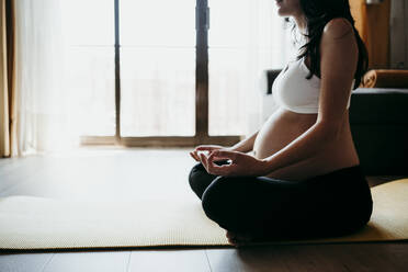Schwangere Frau meditiert, während sie zu Hause auf einer Übungsmatte sitzt - EBBF01613