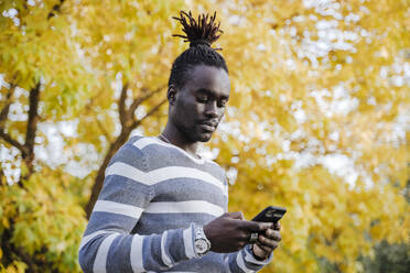 Junger Mann, der sein Smartphone benutzt, während er im Herbst gegen einen gelben Baum im Park steht - EBBF01686