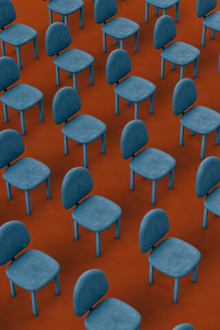 Rows of blue empty chairs on red background stock photo