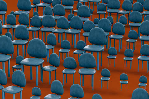 Rows of blue empty chairs floating against red background stock photo