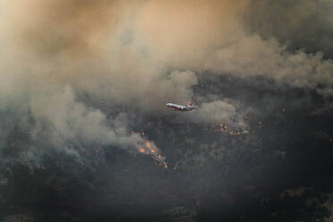 Flugzeug fliegt über Flächenbrand im Wald - CAVF90811