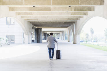 Mature businessman with luggage walking in concrete footpath - DGOF01728