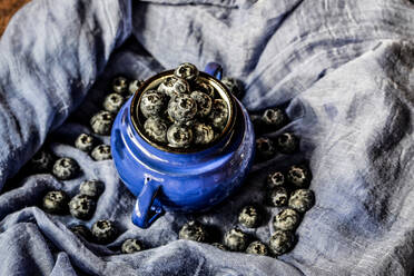 Eine Gruppe von Blaubeeren in einer Metalltasse auf einem blauen Tuch - CAVF90978