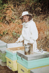 Junge Imkerin bei der Arbeit in der Natur - CAVF91076