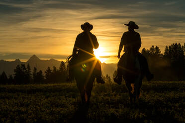 Zwei Cowboys reiten über Grasland mit Bergen im Hintergrund, früher Morgen, Britisch-Kolumbien, Kanada. - MINF15356