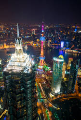 Aerial view of the Pudong Financial district at dusk, Shanghai, China. - MINF15399