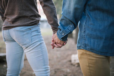 Gay couple holding hands while walking in public park - GRCF00506