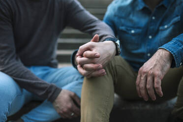 Homosexual couple holding hands at public park - GRCF00512