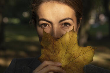 Businesswoman covering mouth with autumn leaf in park - VPIF03230