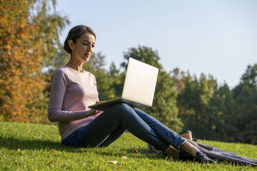 Junge Geschäftsfrau, die einen Laptop benutzt, während sie im Herbst im Park sitzt - VPIF03250