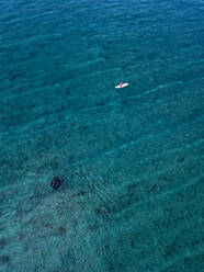 Frau auf Surfbrett in der Nähe von Manta-Rochen im Meer auf den Malediven - KNTF05948