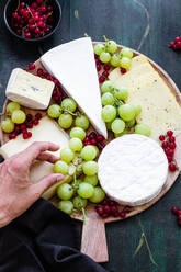 Top view composition of crop anonymous chef decorating delicious cheese platter with sweet grapes and red currants on wooden plate before serving on banquet - ADSF18282