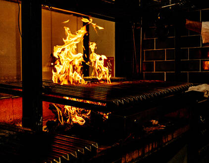 Professioneller Metallgrill mit brennendem Feuer für die traditionelle Grillzubereitung in der modernen Restaurantküche - ADSF18300