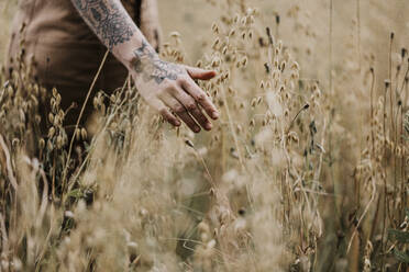 Woman touching crop while standing at agricultural field - MJRF00277